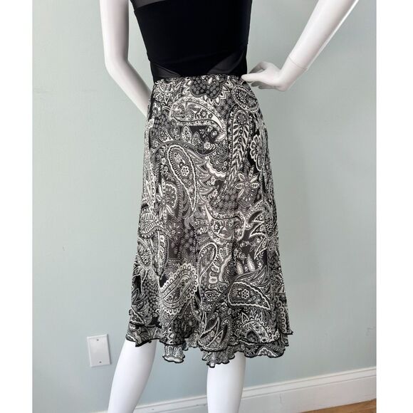 Y2k Briggs New York Black & White Paisley Flowy Boho Style Midi Skirt size PM - Picture 2 of 8